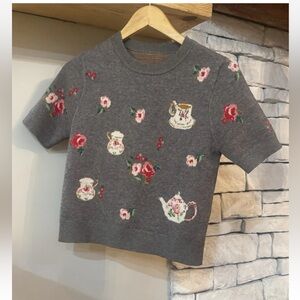 Cottagecore Floral Tea Cup Knit Top Short Sleeve Gray Size S
